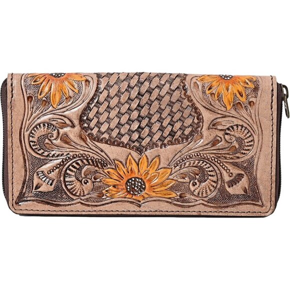 ⭐Women's Bifold Flower Carved Slots Basket Tooled Clutch Zip Around Wristlet - Picture 1 of 7